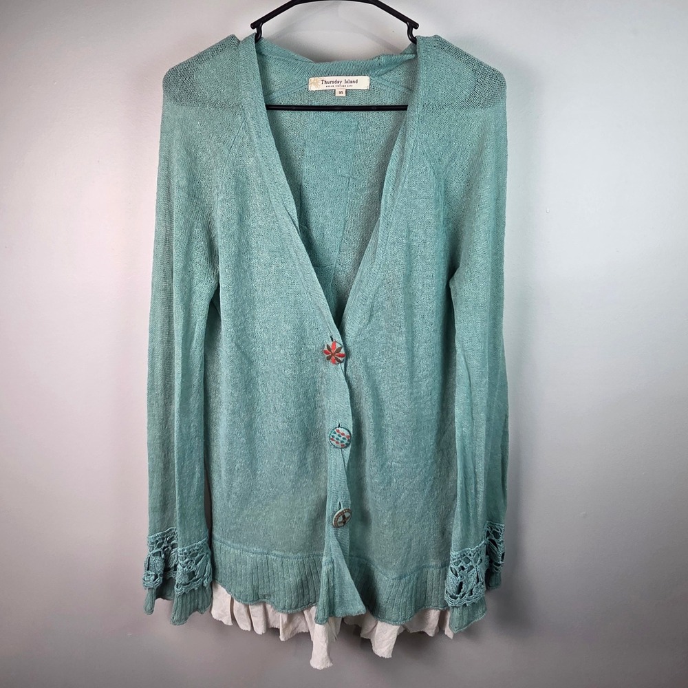 Thursday Island Cardigan Women 95 Teal Blue Excellent Linen Blend Crochet Boho